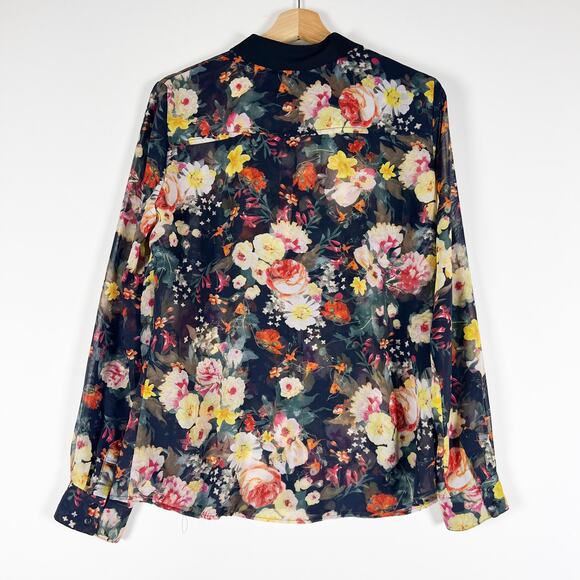 Mango MNG collection black floral sheer button down blouse shirt top size Medium - Picture 2 of 6
